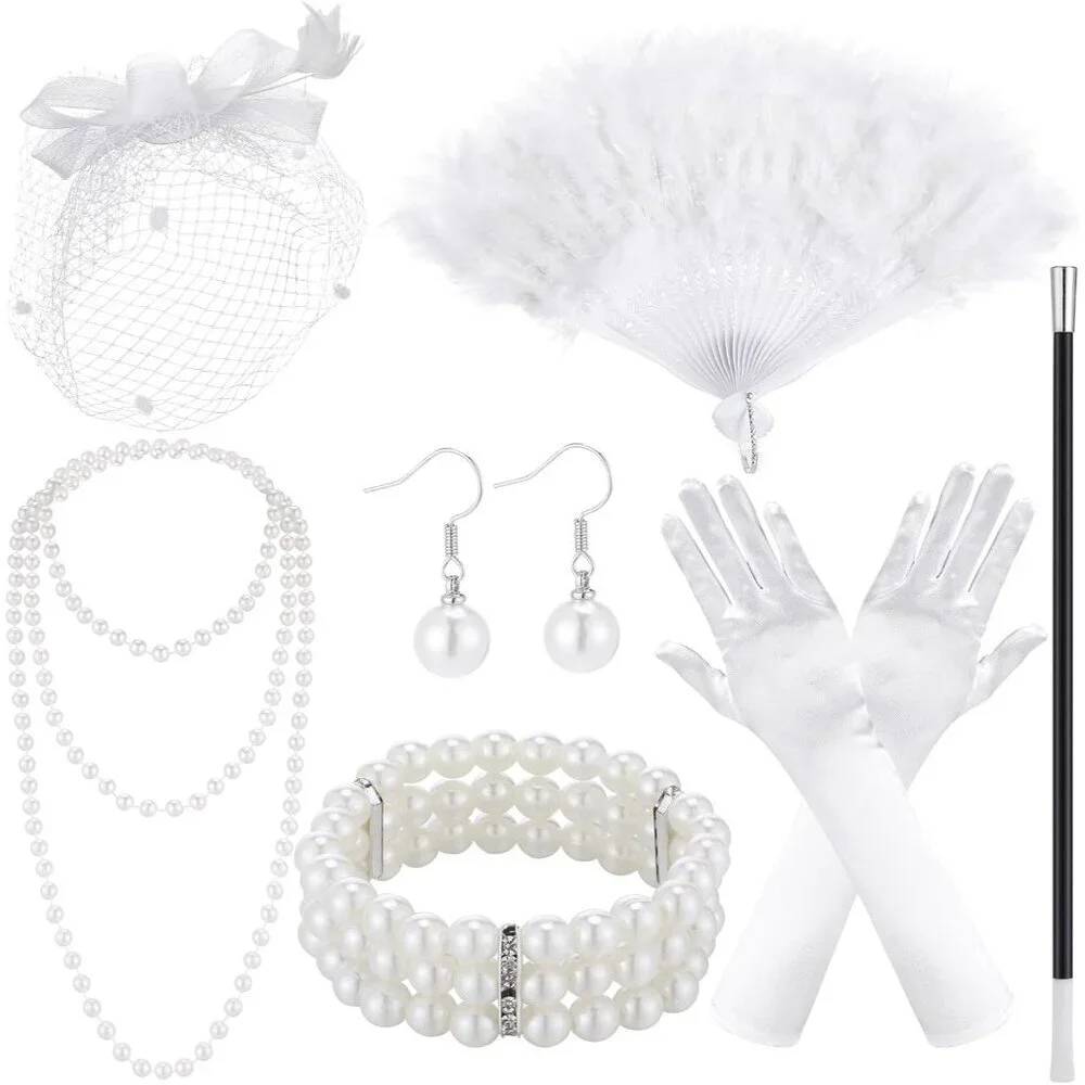 Women Halloween Costume Accessories Set Vintage Tea Party Hat Gloves Veil